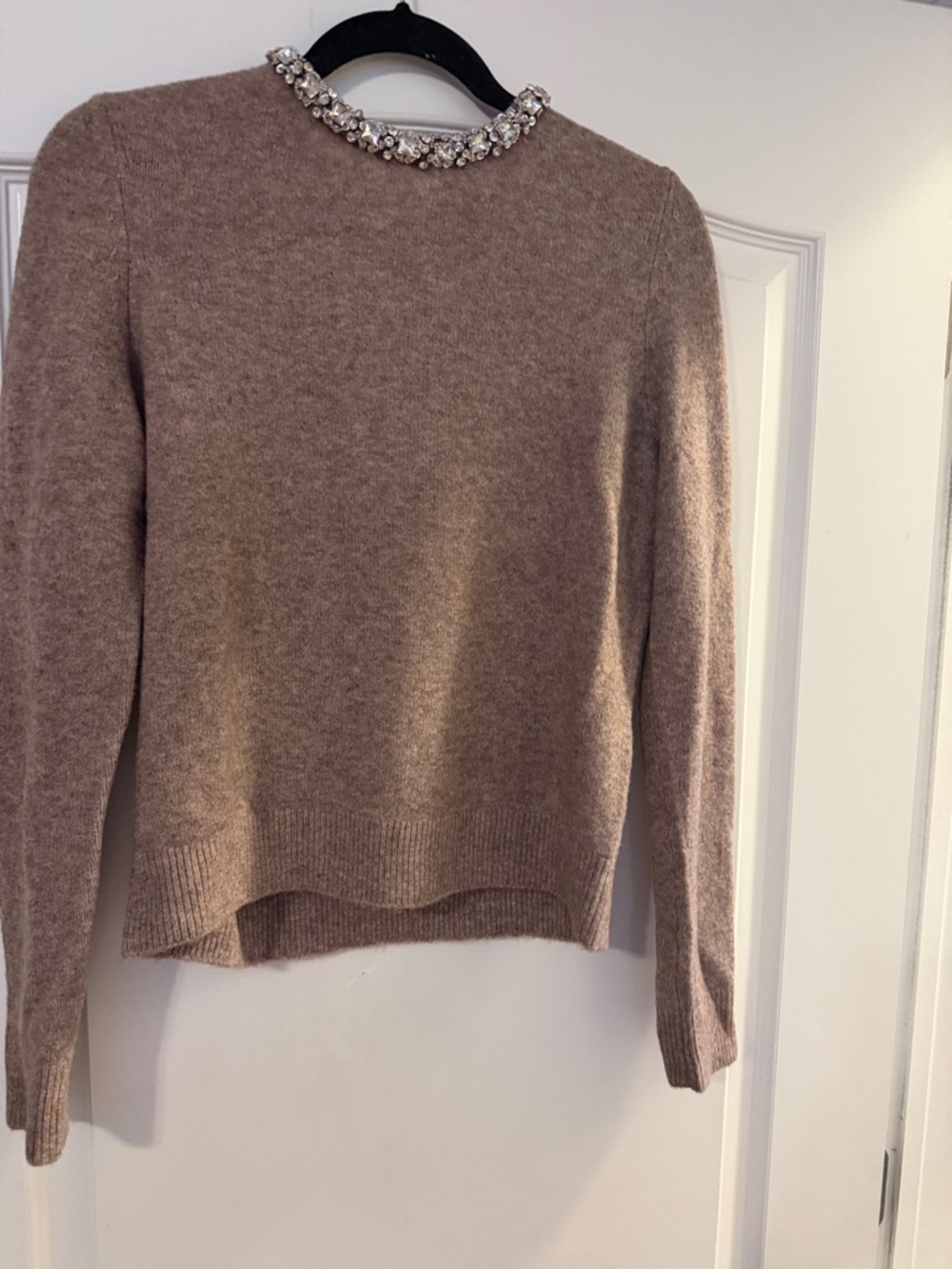 White House Black Market Taupe Crewneck Sweater with Jeweled Collar